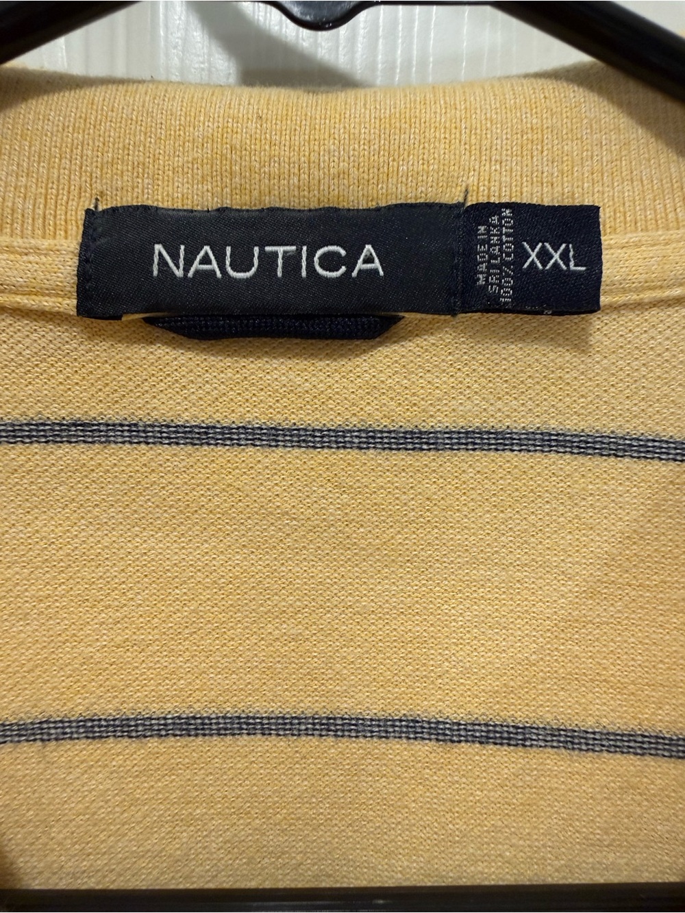 Nautica Men's Pale Yellow Crewneck Polo with Navy Stripe Detail